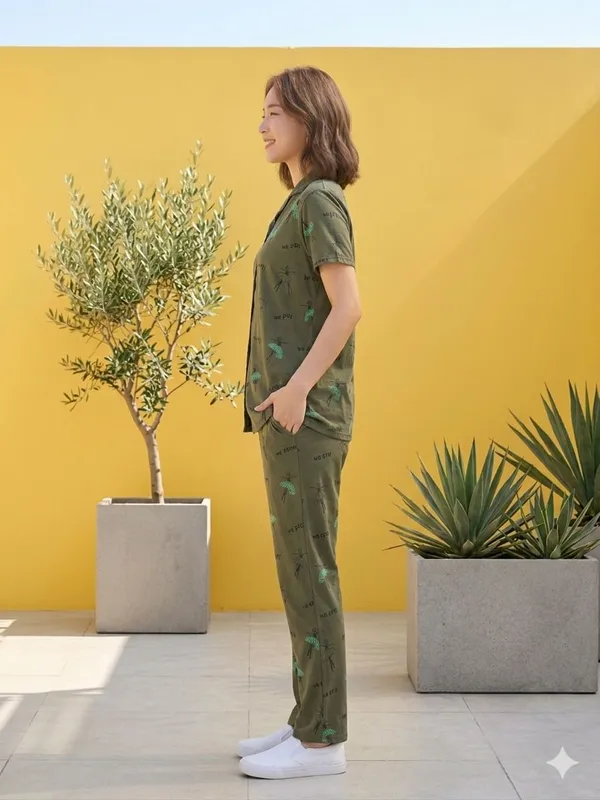 SKYBEN_Women_Printed_Olive_Green_Shirt_And_Pyjama_set