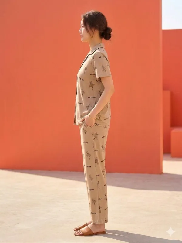 SKYBEN_Women_Printed_Beige_Shirt_And_Pyjama_set