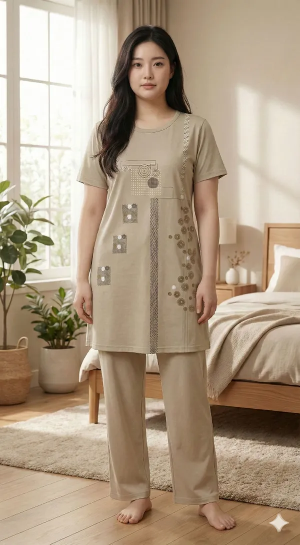 SKYBEN_Women_Solid_Beige_Top_And_Pyjama_Set