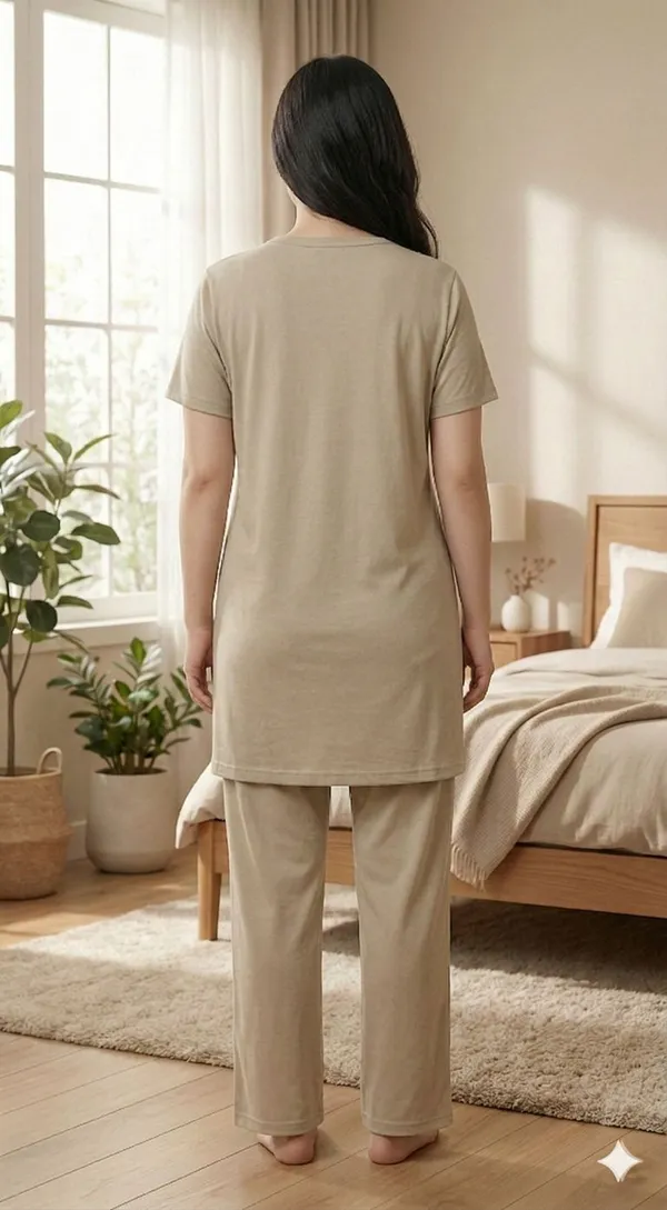 SKYBEN_Women_Solid_Beige_Top_And_Pyjama_Set