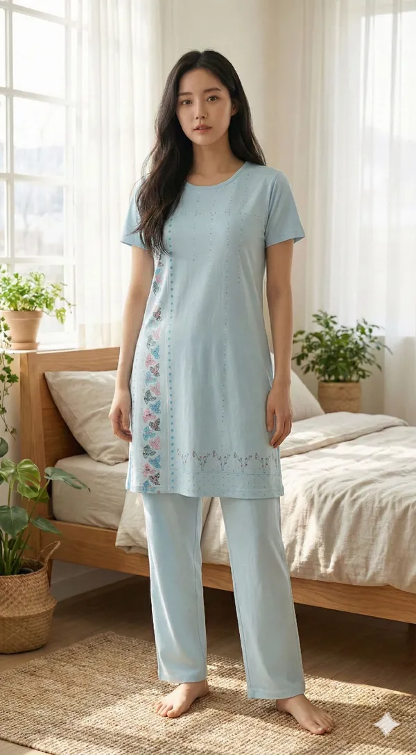 SKYBEN_Women_Floral_Print_Light_Blue_Top_And_Pyjama_Set