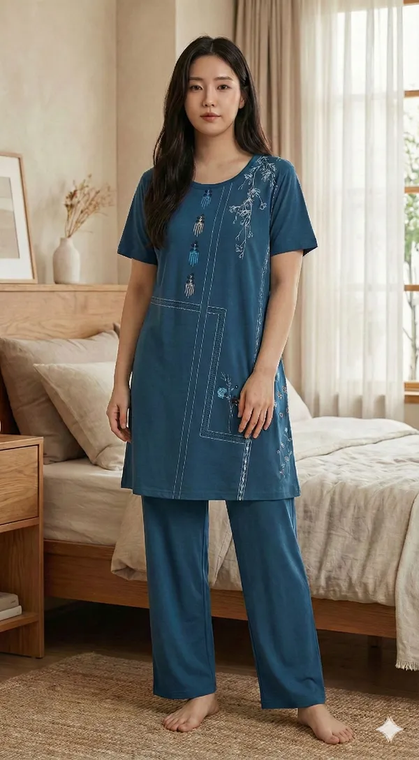 SKYBEN_Women_Floral_Print_Teal_Blue_Top_And_Pyjama_Set