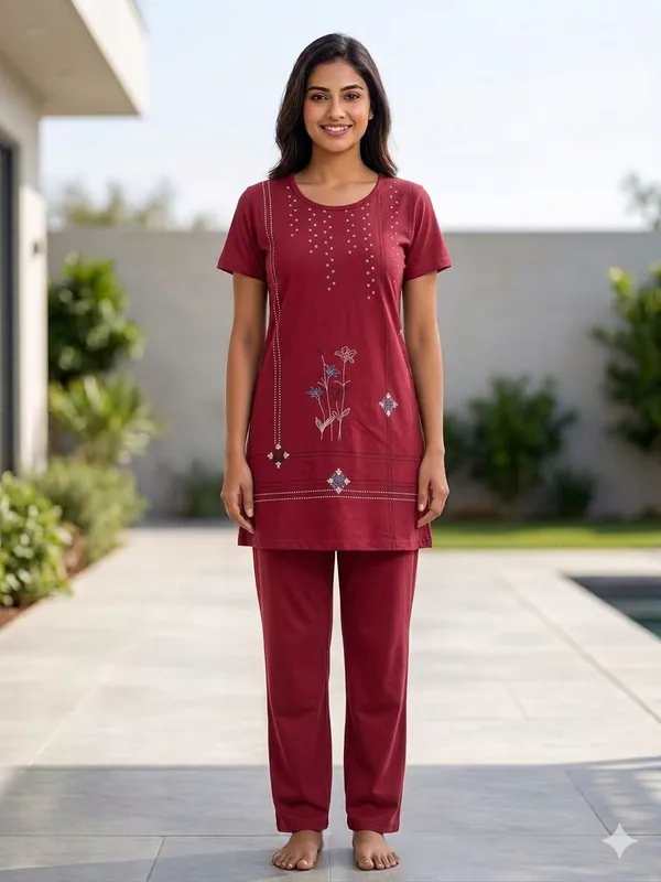 SKYBEN_Women_Printed_Maroon_Top_And_Pyjama_Set