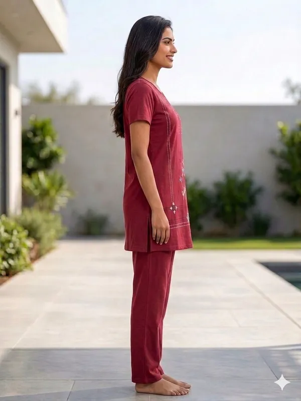 SKYBEN_Women_Printed_Maroon_Top_And_Pyjama_Set
