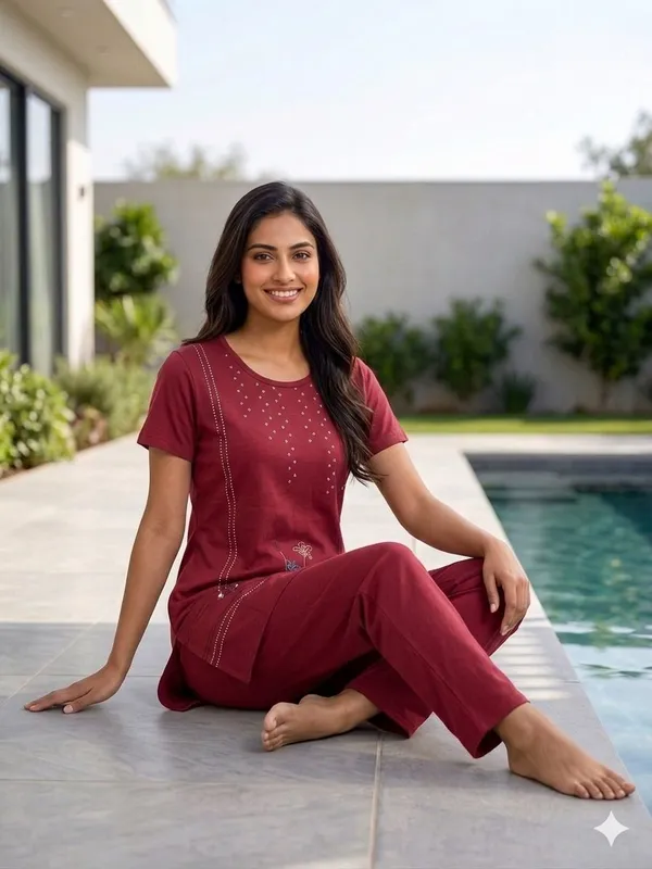 SKYBEN_Women_Printed_Maroon_Top_And_Pyjama_Set