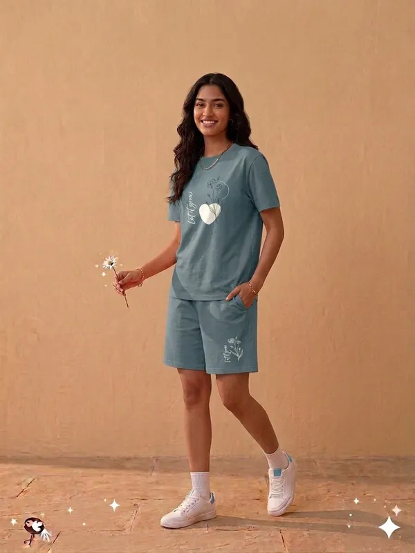 SKYBEN_Women_Floral_Print,_Printed,_Abstract,_Colorblock,_Graphic_Print,_Teal_Top_And_Shorts_Set