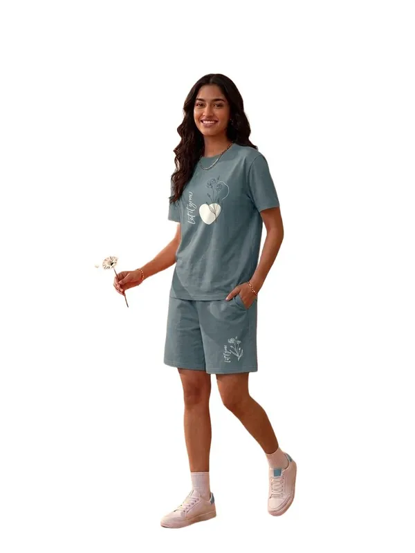 SKYBEN_Women_Floral_Print,_Printed,_Abstract,_Colorblock,_Graphic_Print,_Teal_Top_And_Shorts_Set