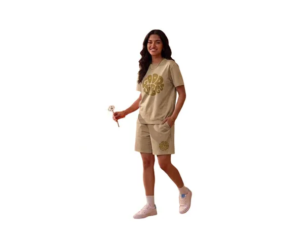 SKYBEN_Women_Floral_Print,_Printed,_Abstract,_Colorblock,_Graphic_Print,_Beige_Top_And_Shorts_Set