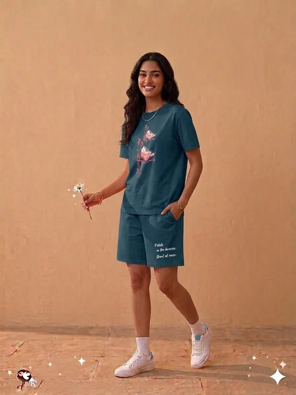 SKYBEN_Women_Floral_Print,_Printed,_Abstract,_Colorblock,_Graphic_Print,_Teal_Top_And_Shorts_Set