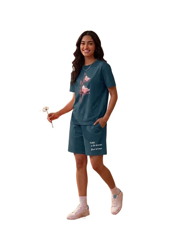 SKYBEN_Women_Floral_Print,_Printed,_Abstract,_Colorblock,_Graphic_Print,_Teal_Top_And_Shorts_Set