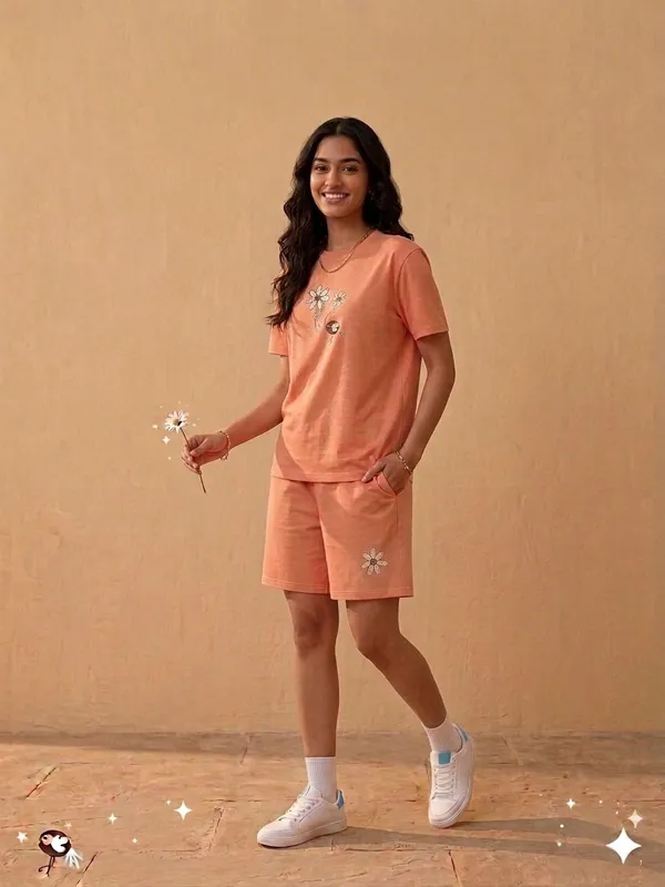 SKYBEN_Women_Floral_Print,_Printed,_Abstract,_Colorblock,_Graphic_Print,_Peach_Top_And_Shorts_Set
