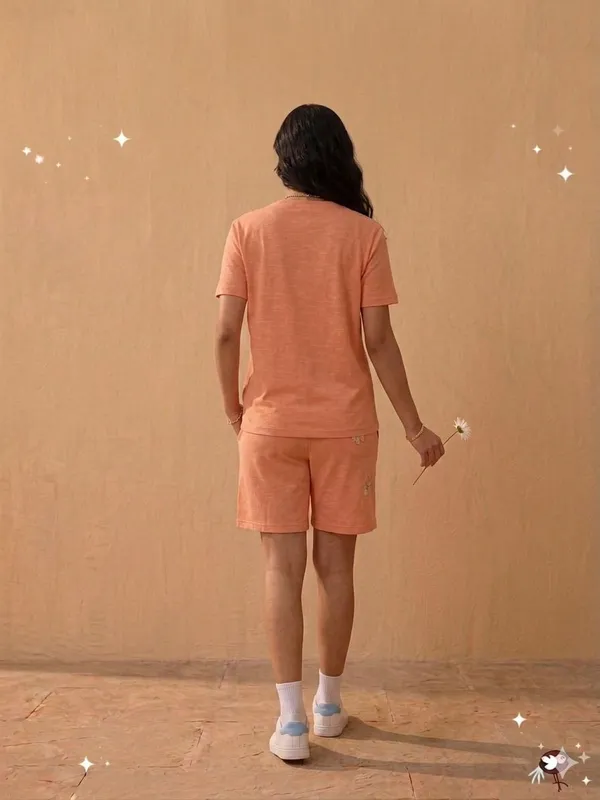 SKYBEN_Women_Floral_Print,_Printed,_Abstract,_Colorblock,_Graphic_Print,_Peach_Top_And_Shorts_Set