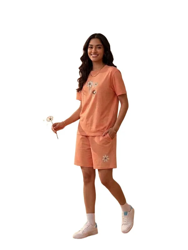 SKYBEN_Women_Floral_Print,_Printed,_Abstract,_Colorblock,_Graphic_Print,_Peach_Top_And_Shorts_Set