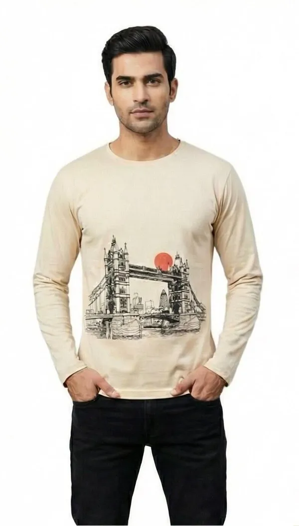 SKYBEN_Abstract_Men_Round_Neck_Beige_T_Shirt
