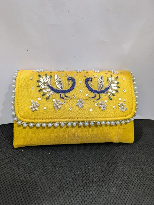 Yellow_Silk_Peacock_Embroidered_Pearl_Clutch_For_Women