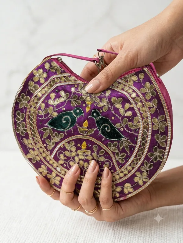 Purple_Silk_Embroidered_Bird_Motif_Round_Clutch_For_Women