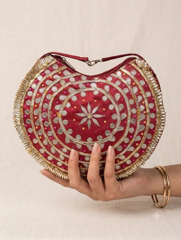Maroon_Silk_Embroidered_Round_Clutch_Bag_For_Women