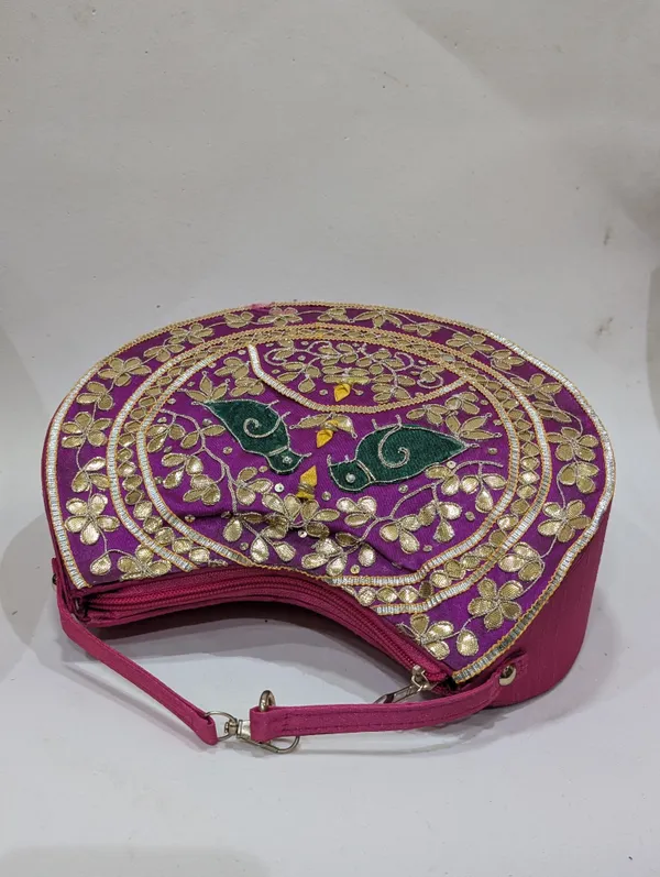 Purple_Silk_Embroidered_Bird_Motif_Round_Clutch_For_Women