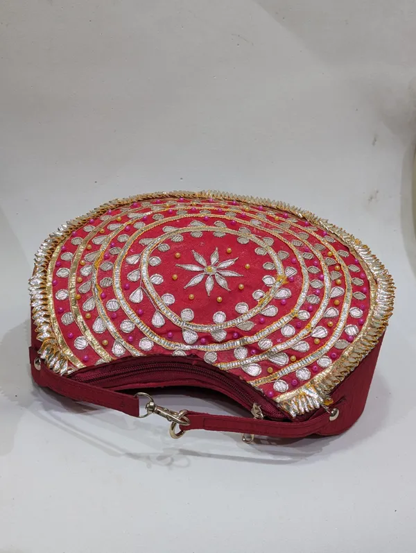 Maroon_Silk_Embroidered_Round_Clutch_Bag_For_Women