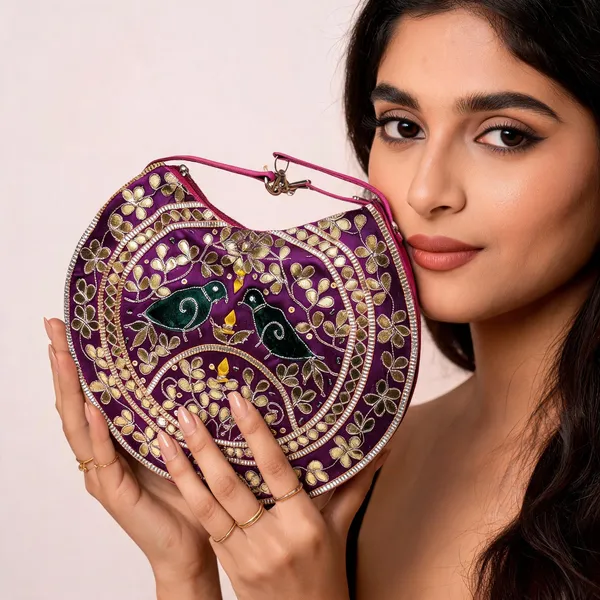Purple_Silk_Embroidered_Bird_Motif_Round_Clutch_For_Women