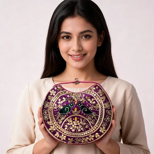 Purple_Silk_Embroidered_Bird_Motif_Round_Clutch_For_Women