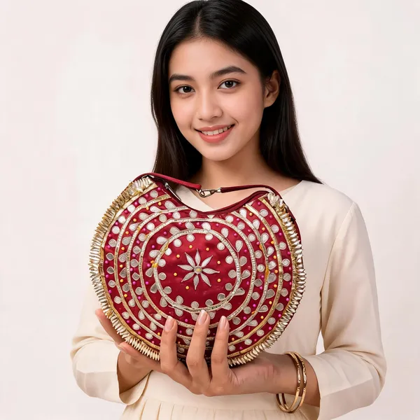 Maroon_Silk_Embroidered_Round_Clutch_Bag_For_Women