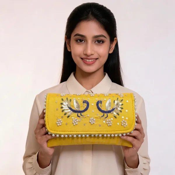 Yellow_Silk_Peacock_Embroidered_Pearl_Clutch_For_Women