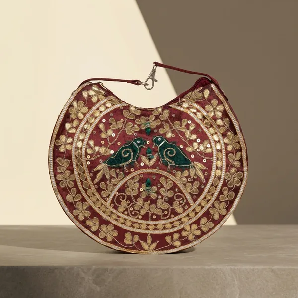Maroon_Silk_Embroidered_Bird_Motif_Handbag_For_Women