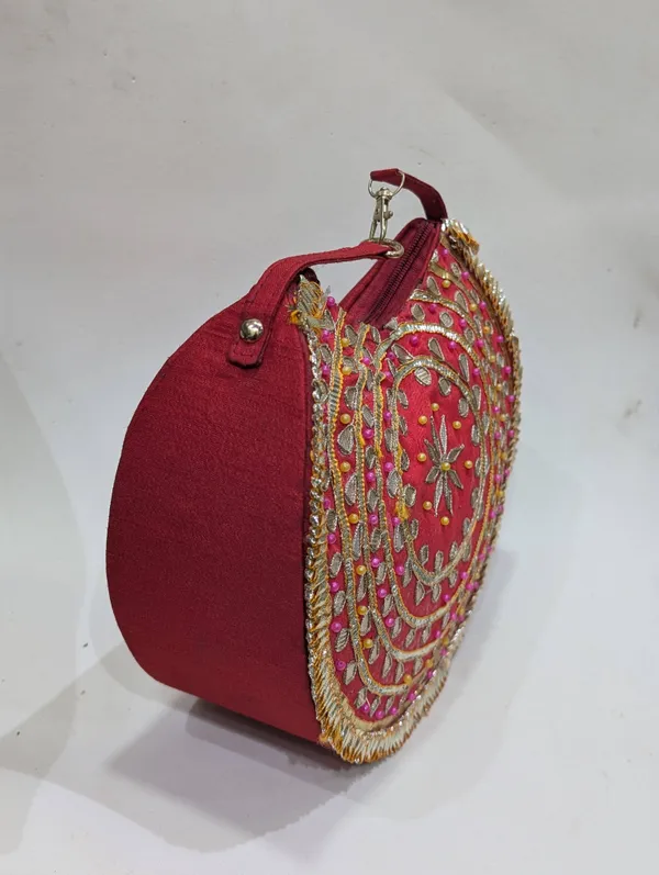 Maroon_Silk_Embroidered_Round_Clutch_Bag_For_Women