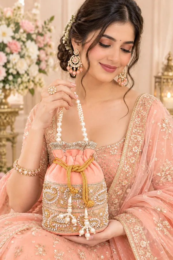 FancyGi_Peach_Velvet_Bridal_Potli_Bag_with_Pearl_Handle_&_Golden_Embroidery