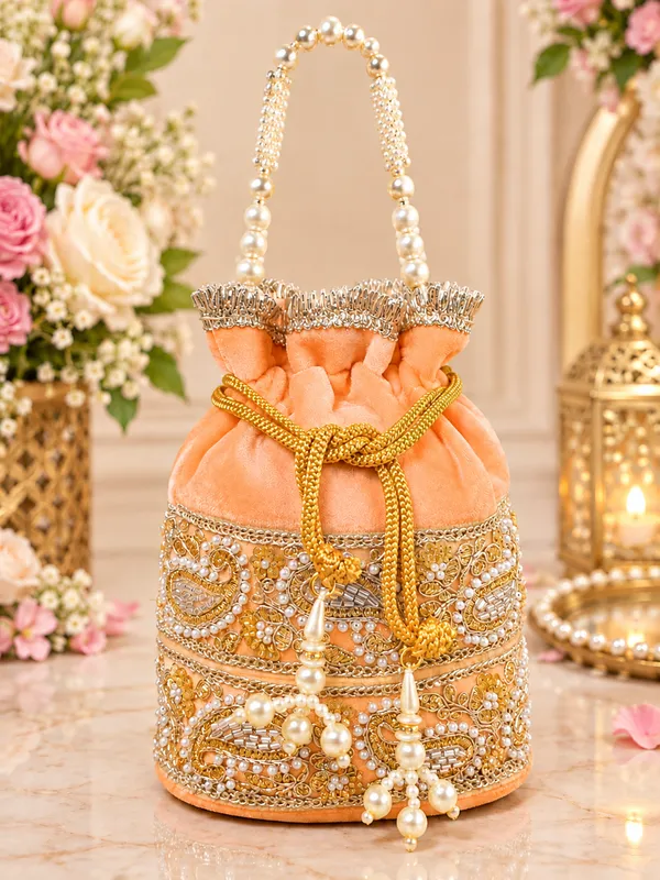 FancyGi_Peach_Velvet_Bridal_Potli_Bag_with_Pearl_Handle_&_Golden_Embroidery