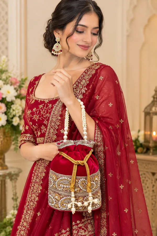 FancyGi_Rani_Pink_Velvet_Bridal_Potli_Bag_with_Pearl_Handle_&_Golden_Embroidery