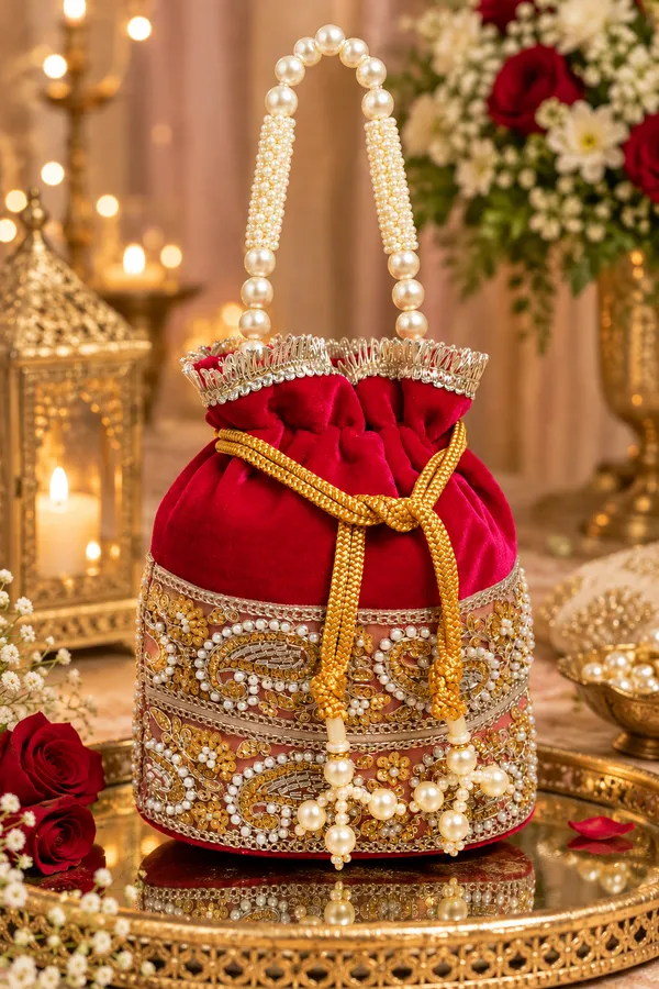 FancyGi_Rani_Pink_Velvet_Bridal_Potli_Bag_with_Pearl_Handle_&_Golden_Embroidery