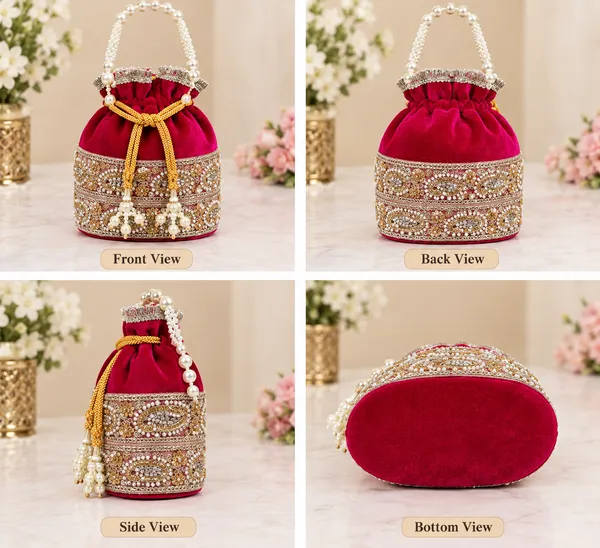 FancyGi_Rani_Pink_Velvet_Bridal_Potli_Bag_with_Pearl_Handle_&_Golden_Embroidery