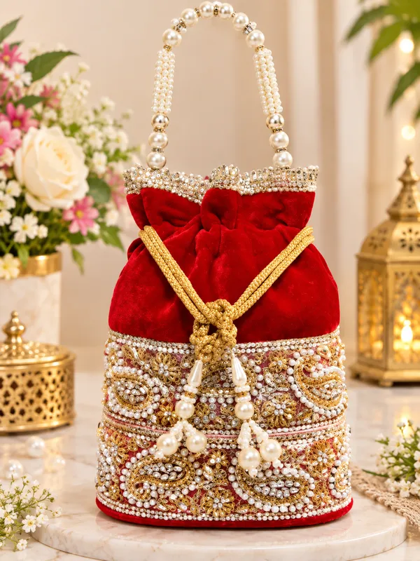 FancyGi_Red_Velvet_Bridal_Potli_Bag_with_Pearl_Handle_&_Golden_Embroidery