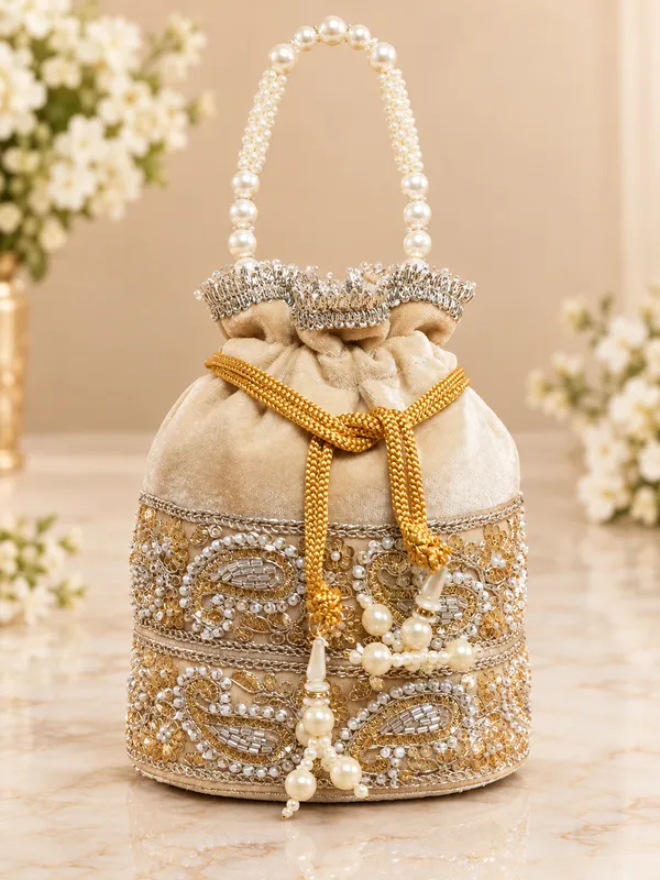 FancyGi_Royal_Cream_&_Gold_Embroidered_Bridal_Potli_Bag_with_Pearl_Handle