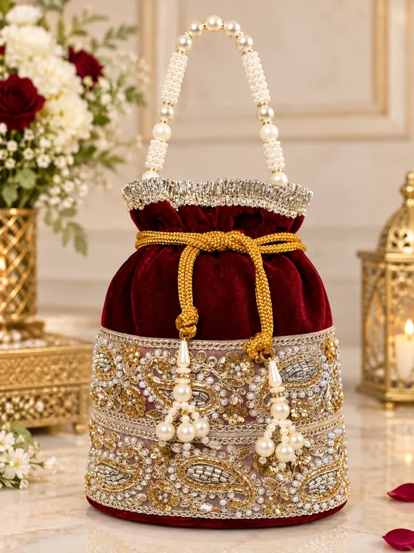 FancyGi_Royal_Maroon_Velvet_Bridal_Potli_Bag_with_Pearl_Handle_&_Golden_Embroidery