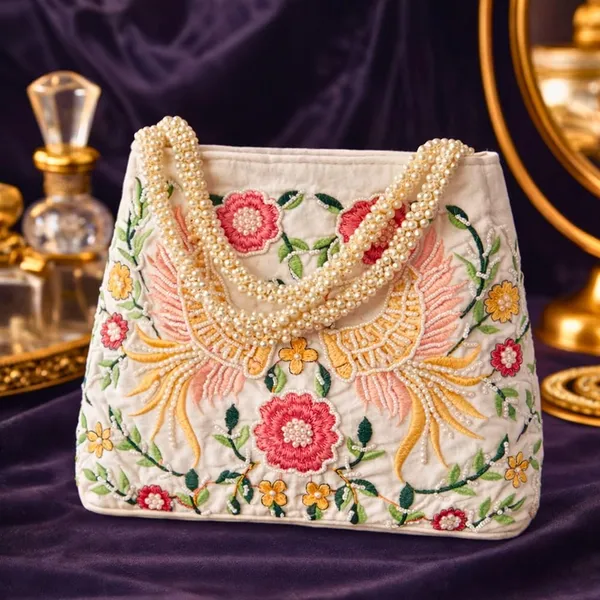 White_Floral_Bird_Embroidered_Black_Potli_Bag