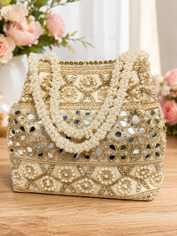 Golden_Silk_Embellished_Bridal_/_Festive_Potli_Bag_(Mirror_Work_&_Pearl_Beaded_Handbag)