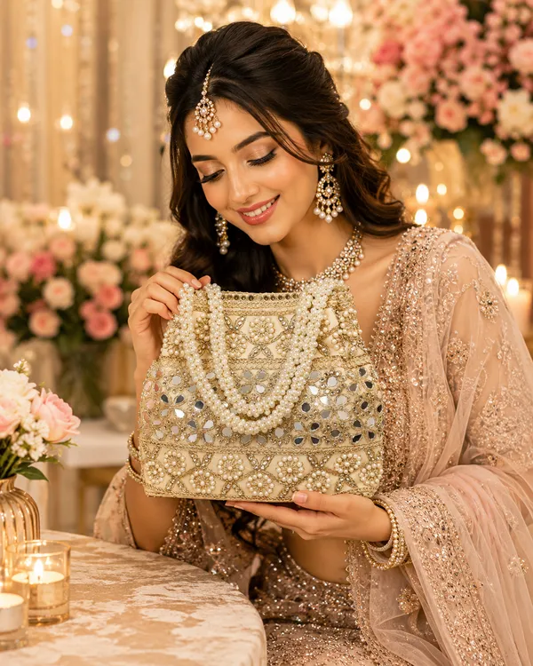 Golden_Silk_Embellished_Bridal_/_Festive_Potli_Bag_(Mirror_Work_&_Pearl_Beaded_Handbag)