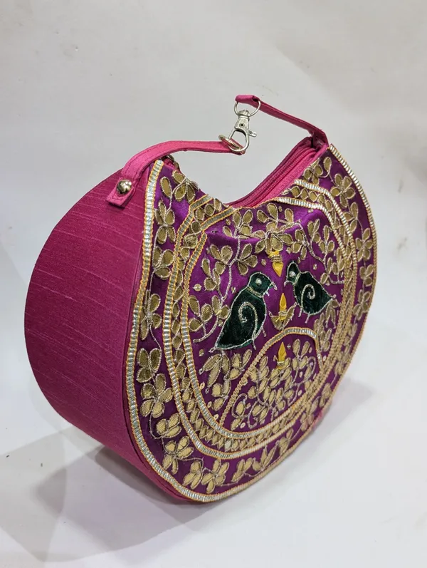 Purple_Silk_Embroidered_Bird_Motif_Round_Clutch_For_Women