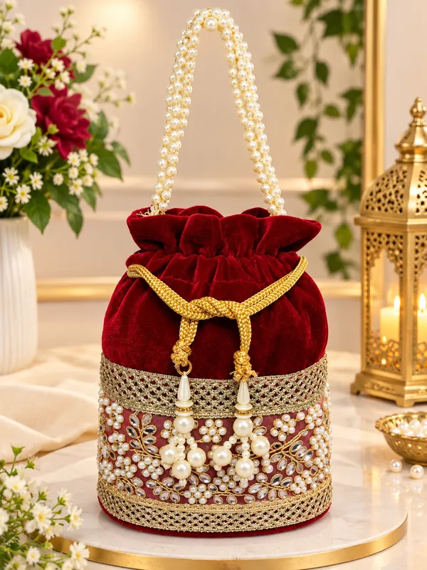 Mehroon_Velvet_Pearl_Potli_Bag_with_Golden_Embroidery