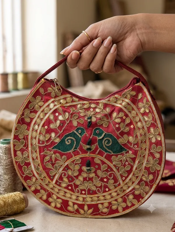 Red_Silk_Zardozi_Embroidered_Round_Handbag_For_Women