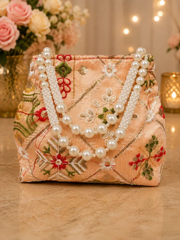 Peach_Floral_Embroidered_Pearl_Handle_Potli_Bag