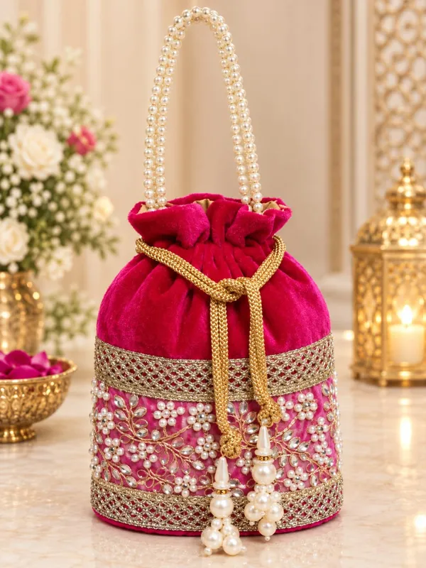 Rani_Pink_Velvet_Pearl_Potli_Bag_with_Golden_Embroidery