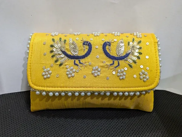 Yellow_Silk_Peacock_Embroidered_Pearl_Clutch_For_Women