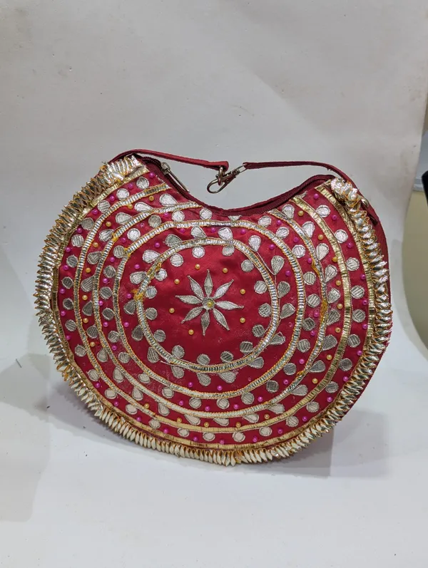 Maroon_Silk_Embroidered_Round_Clutch_Bag_For_Women