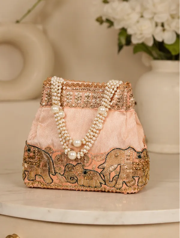 Peach_Silk_Elephant_Embroidered_Potli_Bag_For_Women