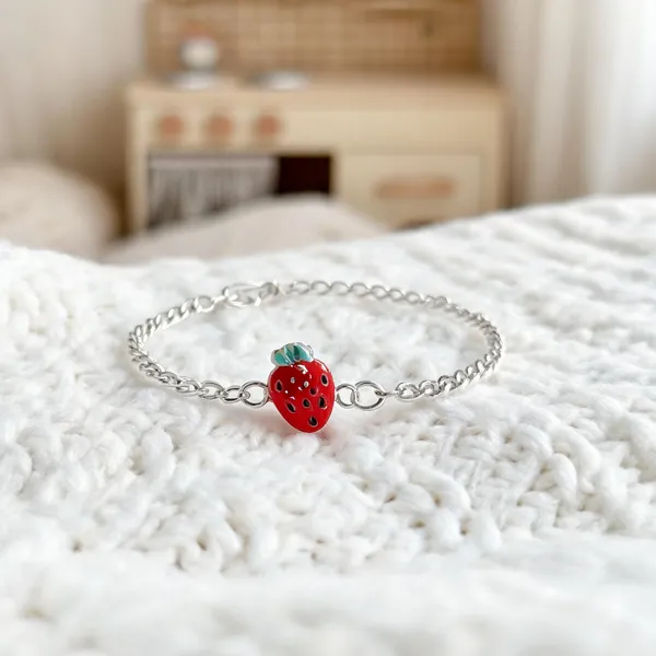 Silver_Red_Strawberry_Charm_Sterling_Bracelet_For_Girls
