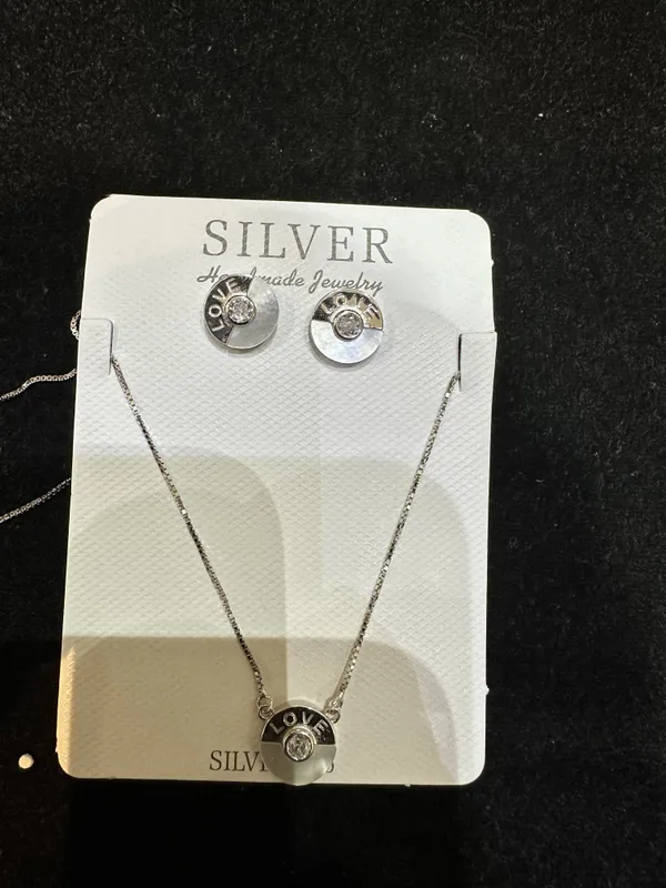 Silver_Sterling_Silver_Love_Pendant_Necklace_And_Earrings_Set_For_Women
